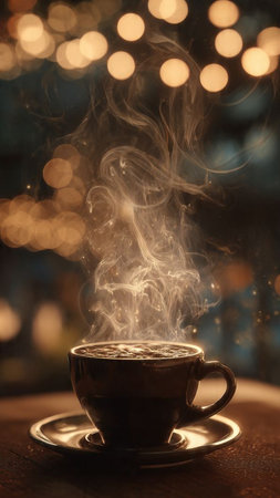 Cup of coffee with steam on a wooden tableの写真素材
