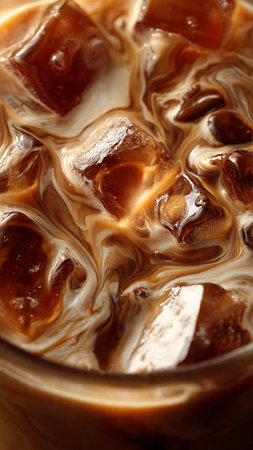 Iced coffee with ice cubes, close-up, top viewの写真素材