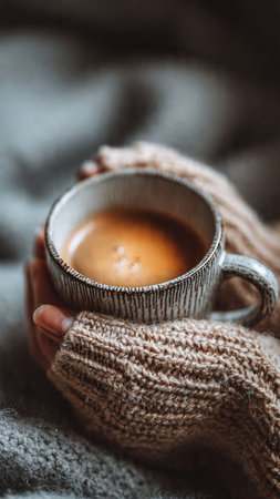 Female hands in warm woolen sweater holding a cup of coffee.の写真素材