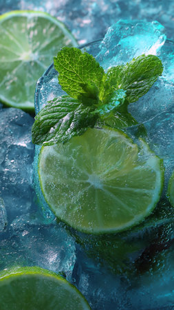 Mojito cocktail with lime, mint and ice on blue backgroundの写真素材
