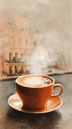 Cup of coffee in front of the window in Paris, Franceの写真素材