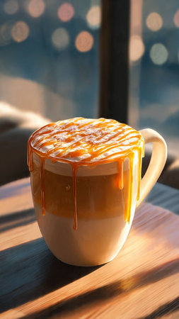 Cappuccino in a white cup with caramel on the tableの写真素材