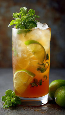 Cocktail mojito with lime, mint and ice on dark backgroundの写真素材