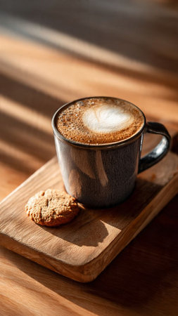 Cup of cappuccino with oatmeal cookies on wooden boardの写真素材