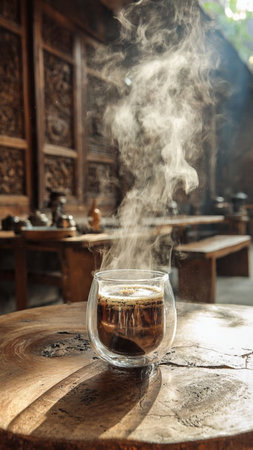 Hot tea in a glass cup on a wooden table in a restaurantの写真素材