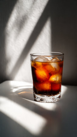 Glass of cola with ice cubes on a white table in sunlight