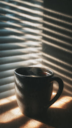 Cup of coffee in front of window with blinds and sunlightの写真素材