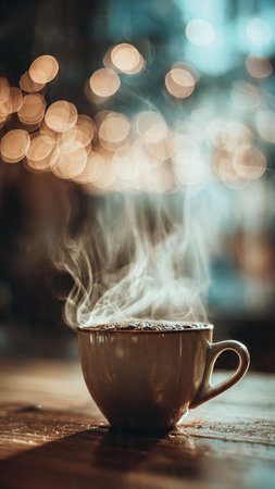 Cup of coffee on a wooden table in a cafe with bokehの写真素材