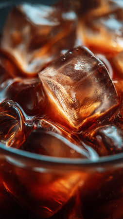 cola with ice cubes on a dark background, close-upの写真素材