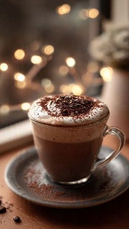 Cup of hot cocoa with marshmallow on wooden table, closeup