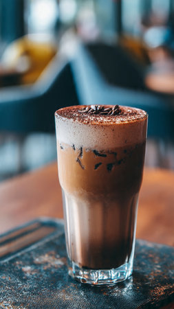 Iced coffee in glass on table in coffee shop, stock photo
