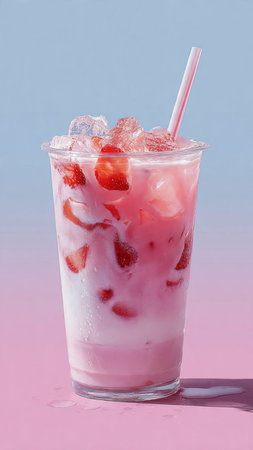 Strawberry smoothie in a glass with ice cubes on a pink background