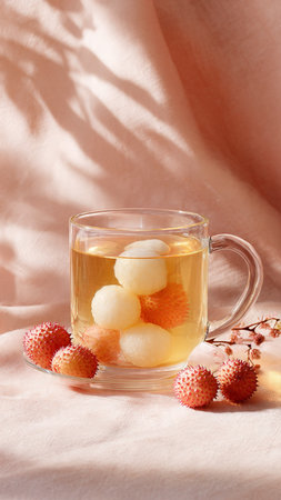 Litchi fruit tea in glass cup with fresh litchi fruits on pink fabric backgroundの写真素材