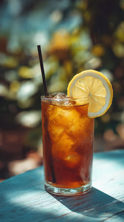 Iced tea with lemon and ice cubes in a glass on a blue wooden tableの写真素材