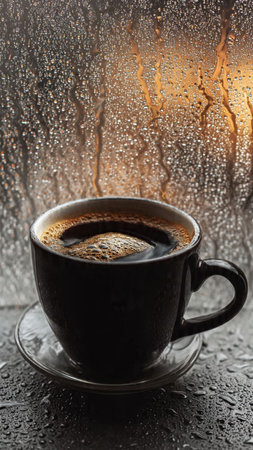 Cup of coffee with raindrops on the window, close upの写真素材