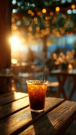 Cup of iced coffee on wooden table in outdoor cafe.の写真素材