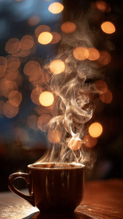 Cup of coffee on a wooden table with bokeh backgroundの写真素材