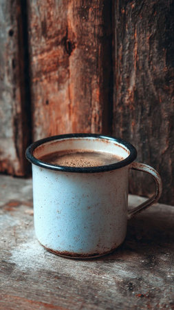Coffee cup on wooden background, vintage style, selective focusの写真素材