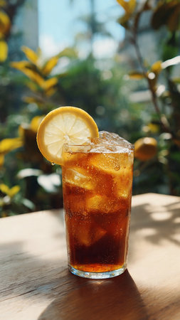 Glass of cola with ice cubes and lemon slice on wooden tableの写真素材