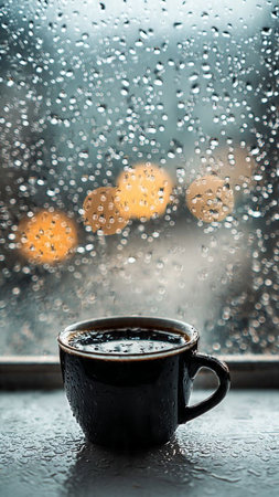 Cup of coffee with rain drops on the window in rainy dayの写真素材