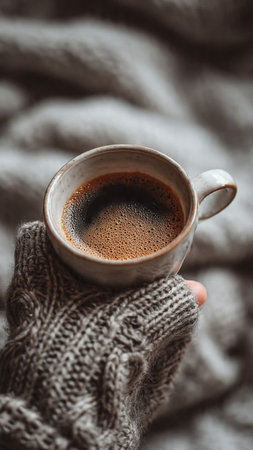 Female hands in warm knitted mittens holding a cup of coffeeの写真素材