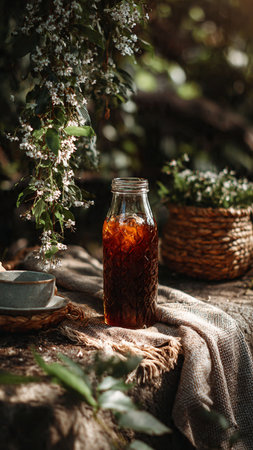 Aromatic tea in a glass bottle on a wooden table in the gardenの写真素材