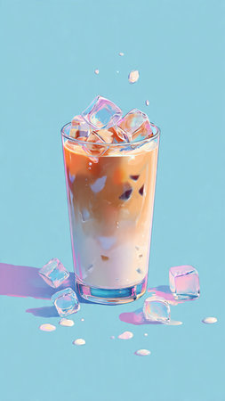 Iced coffee with ice cubes on blue background, 3d illustrationの写真素材