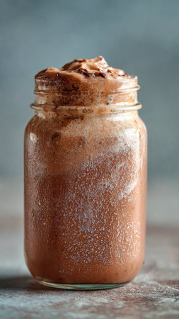 Chocolate smoothie in mason jar with whipped cream and cocoa powderの写真素材