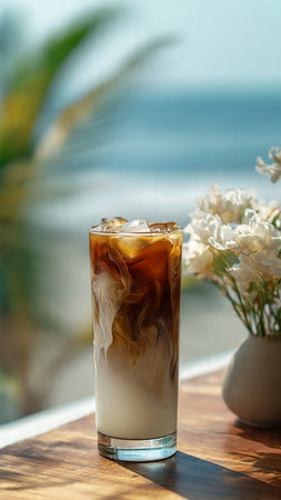 Iced coffee in a glass on the table near the sea.