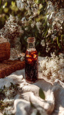 A bottle of cola with ice cubes on a table in the garden