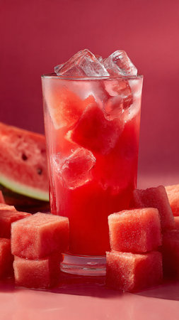 Refreshing summer drink with watermelon and ice cubes on pink backgroundの写真素材