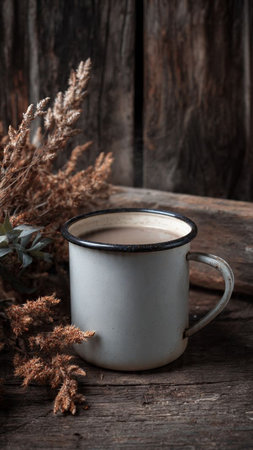 Coffee cup and dry grass on old wooden background, vintage styleの写真素材