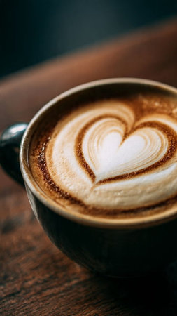 Coffee cup with heart shape latte art on wooden tableの写真素材