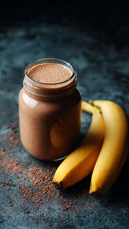Chocolate banana smoothie in glass jar with cocoa powder on dark backgroundの写真素材