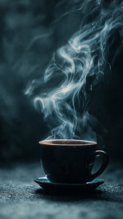 Cup of coffee on a dark background with smoke and steam.の写真素材