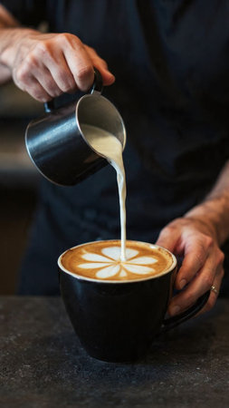 Barista pouring milk into a cup of latte art coffee.