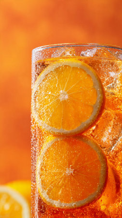 Cocktail with lemon and ice on orange background, close upの写真素材