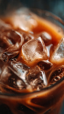 Iced coffee with ice cubes in a glass, close-upの写真素材