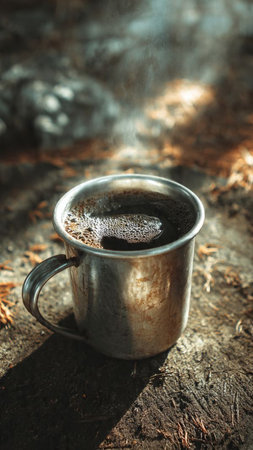 Coffee in a metal cup on a background of the forestの写真素材