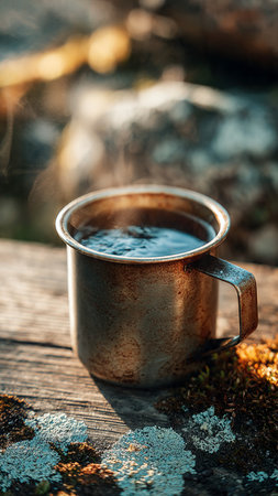 Coffee in a copper mug on a wooden table in the forestの写真素材