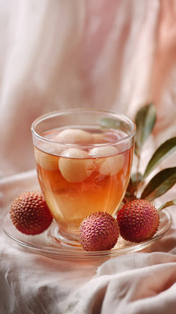 Lychee juice in glass with fresh fruits on table, closeupの写真素材