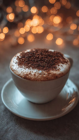 Cappuccino with cocoa powder in a white cup on a background of Christmas lights.