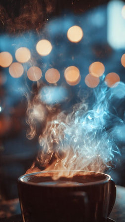 Coffee cup with steam on bokeh lights background.の写真素材