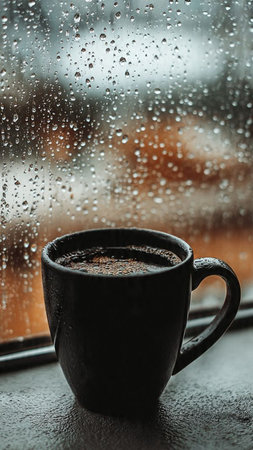 Coffee cup on the window with raindrops on the glassの写真素材