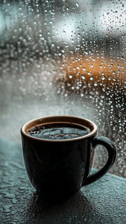 Coffee cup with raindrops on the window in rainy dayの写真素材