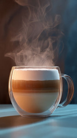 Cup of coffee with steam on a dark background, close upの写真素材