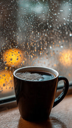 Cup of coffee on a rainy day with raindrops on the windowの写真素材