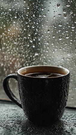 Coffee cup with rain drops on the window in rainy dayの写真素材
