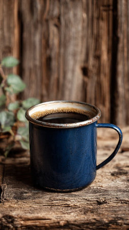 Coffee in a blue cup on a rustic wooden backgroundの写真素材