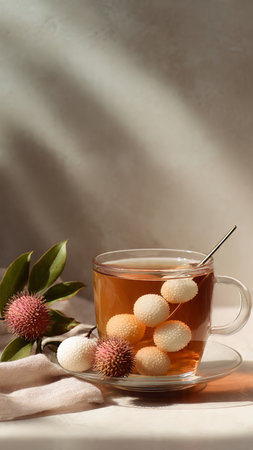 Cup of tea with rambutan on a light background.の写真素材